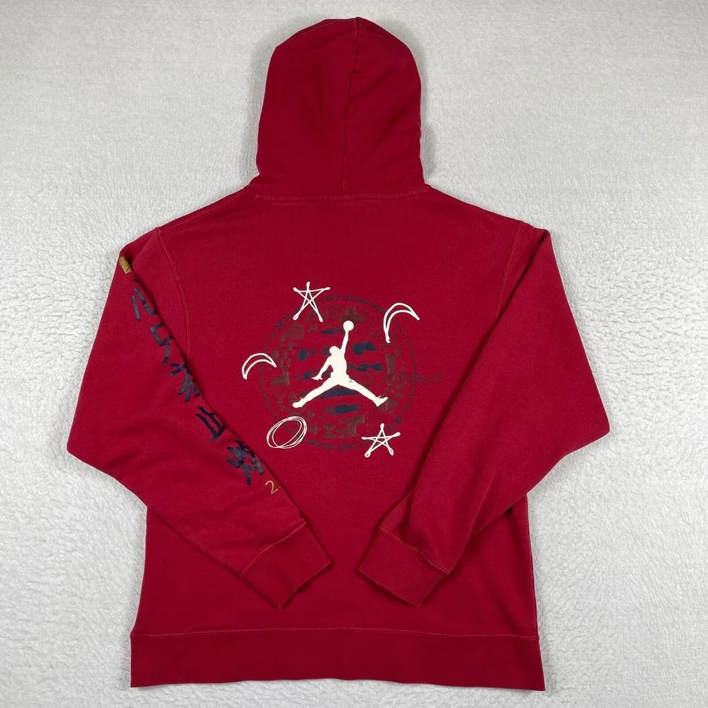 Jordan Hoodie Mens Small Red Graphic‎ Jumpman Kanji Sleeve Print Pullover